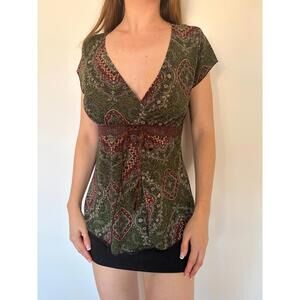 Vintage Y2K Olive Green and Brown Paisley Milkmaid Top